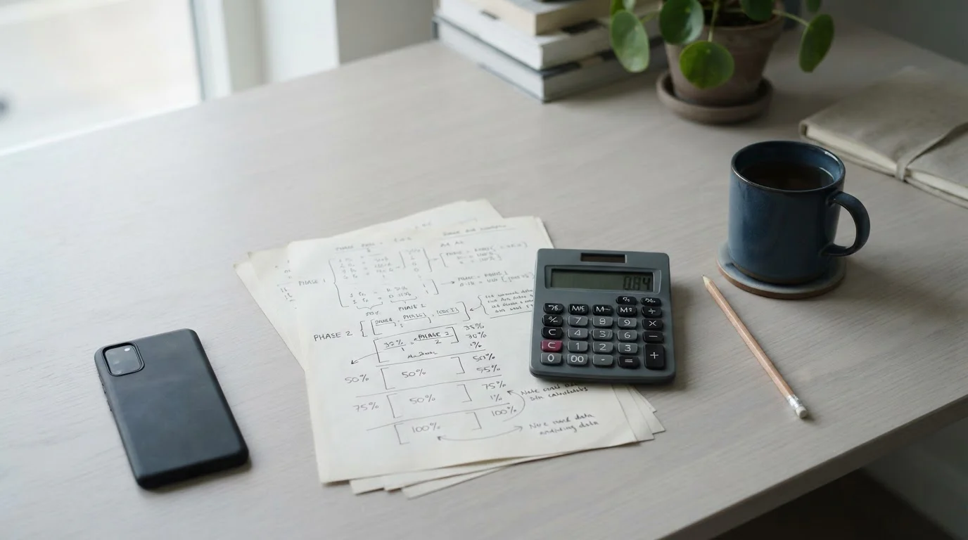 Calculadora y hojas con anotaciones de tarifas escalonadas sobre una mesa clara