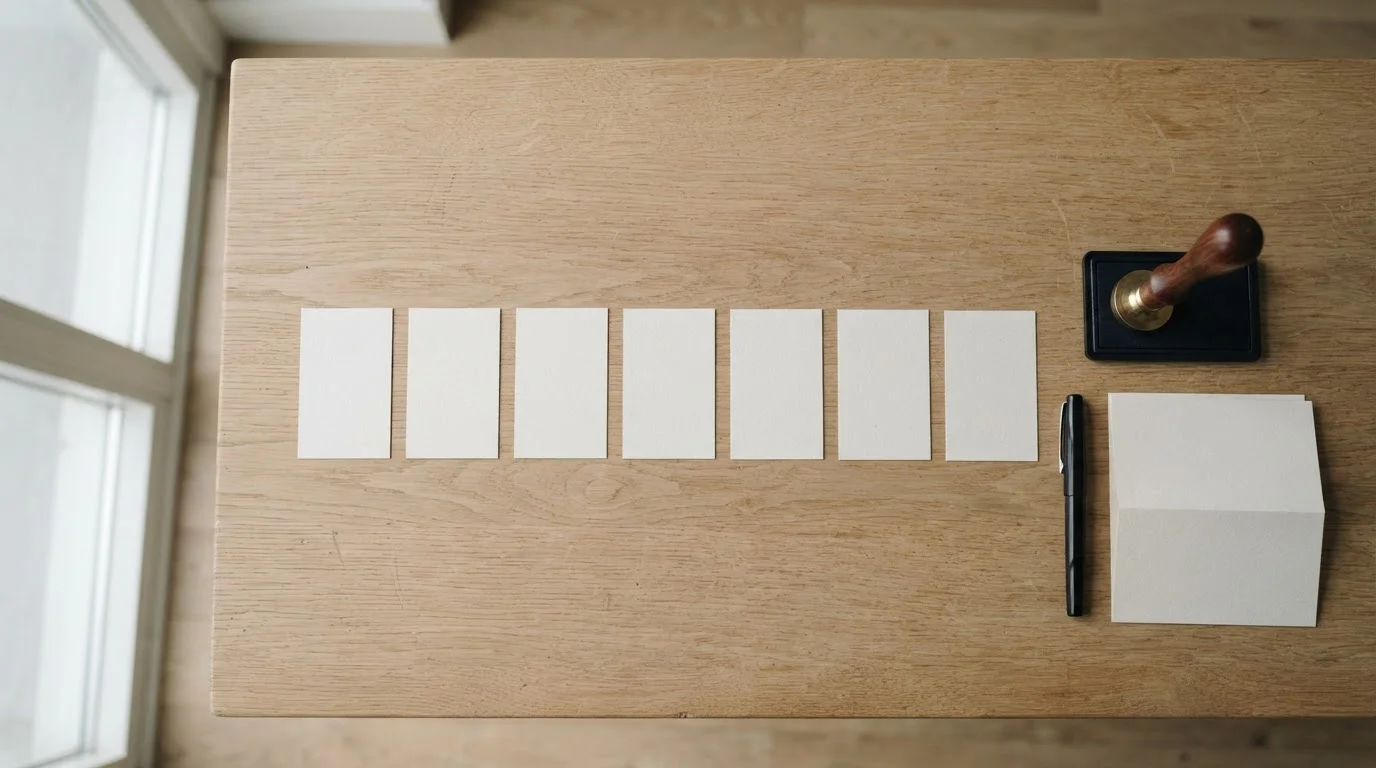 Mesa de trabajo con nueve fichas de papel alineadas bajo un sello de organismo regulador