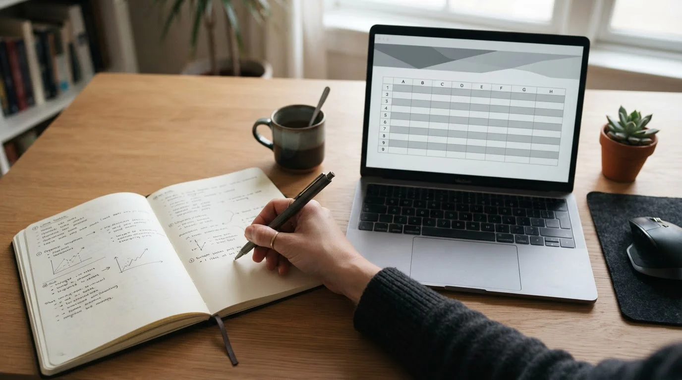 Escritorio con cuaderno de notas y pantalla mostrando una tabla comparativa neutra