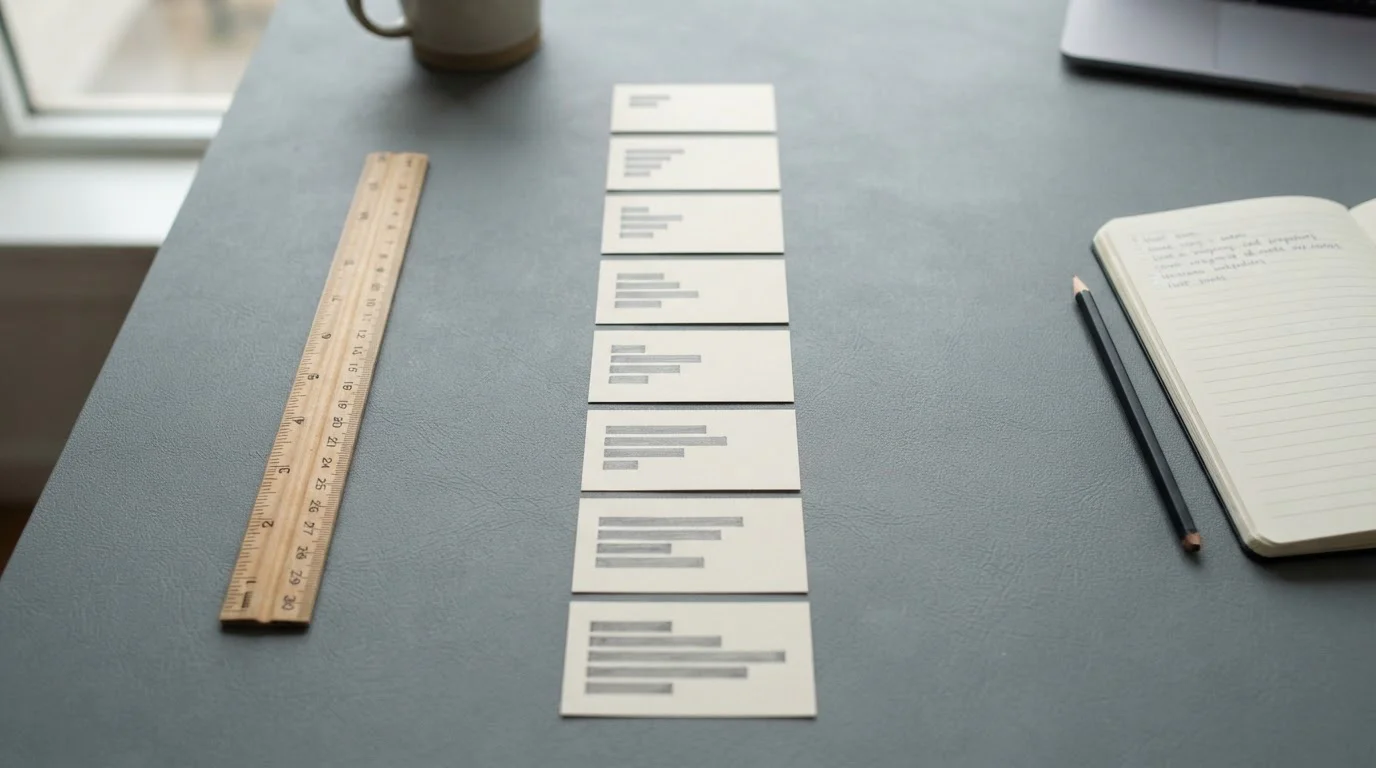 Vista cenital de un tablero con fichas de papel ordenadas en columnas comparativas