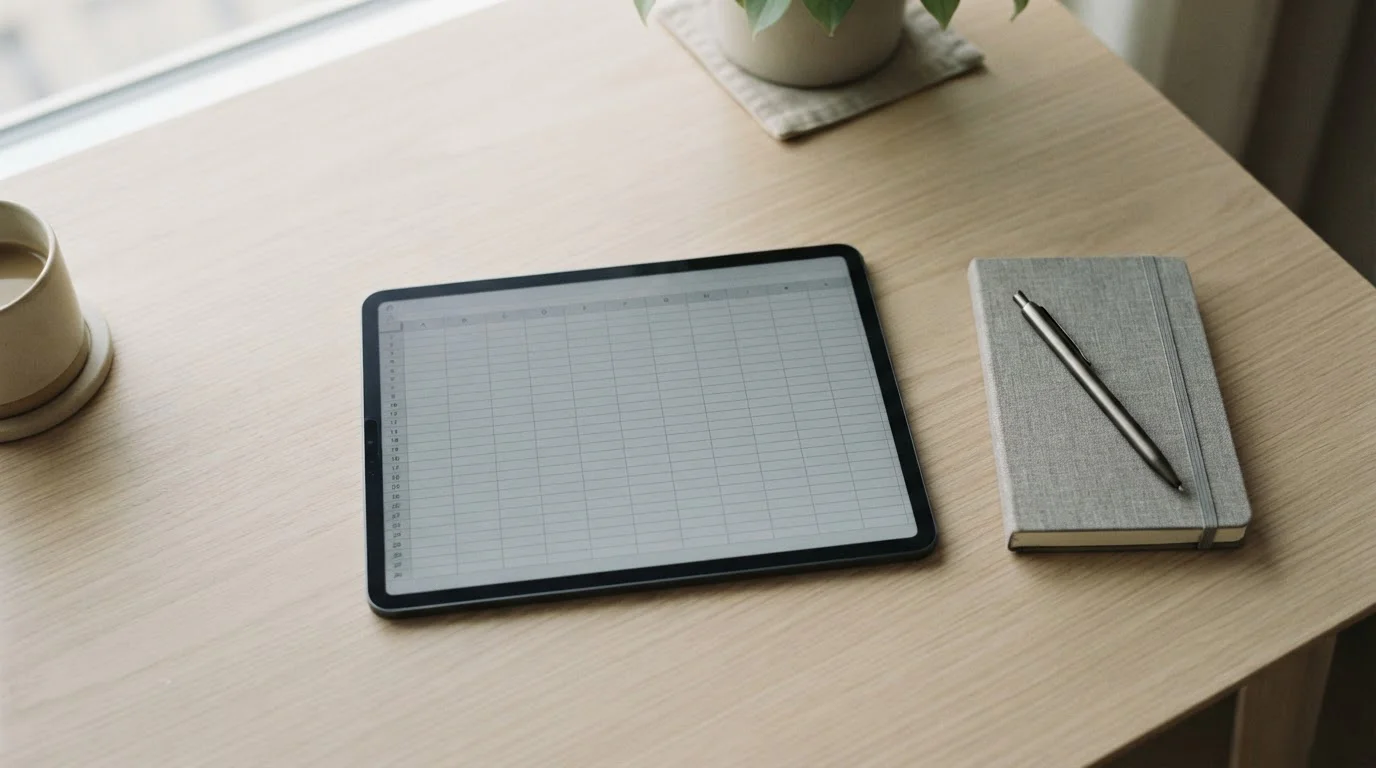 Vista cenital de una tableta con una tabla neutra de filas grises sobre mesa clara