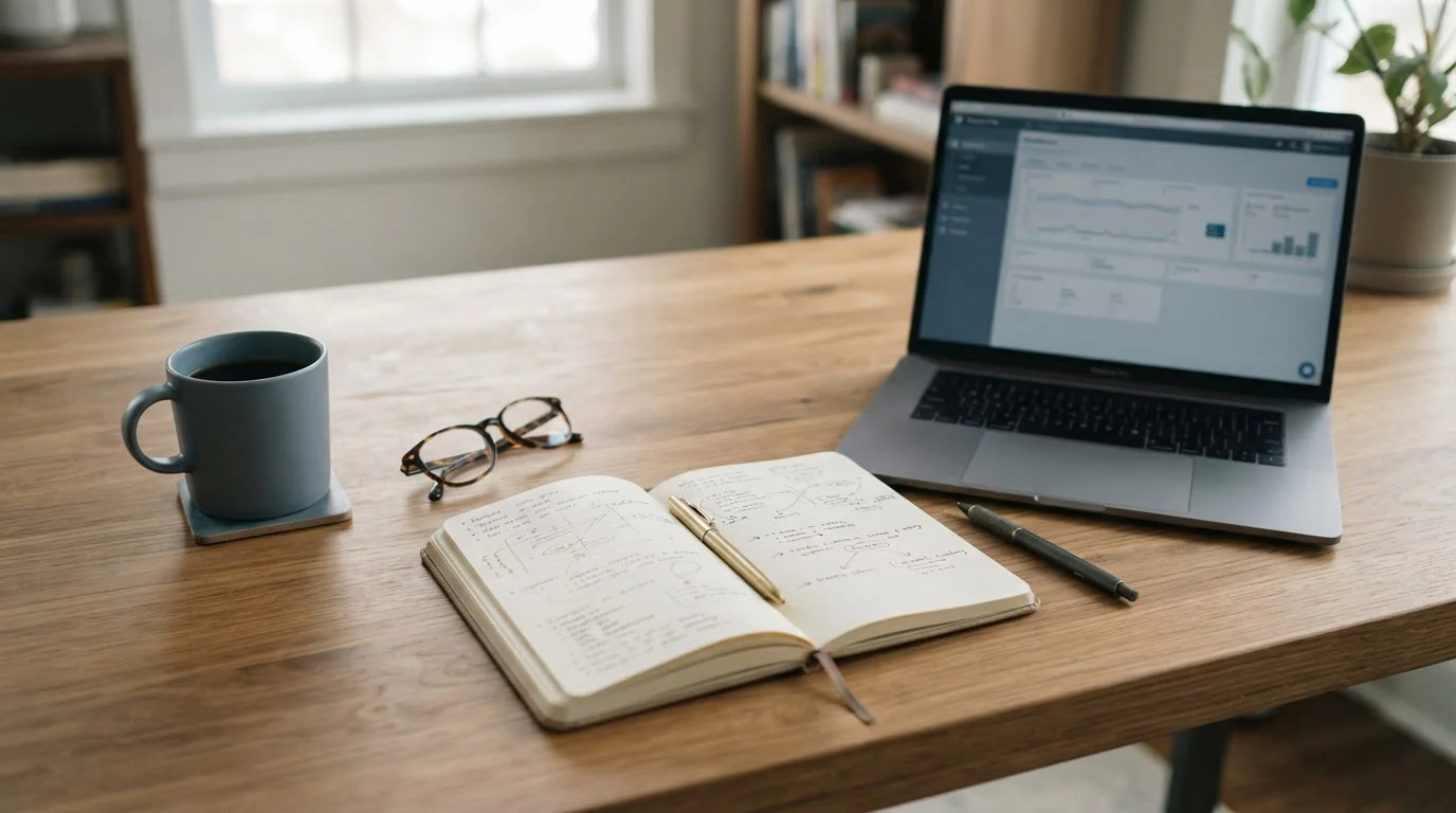 Escritorio con cuaderno de notas y portátil abierto para analizar opiniones sobre casas de apuestas