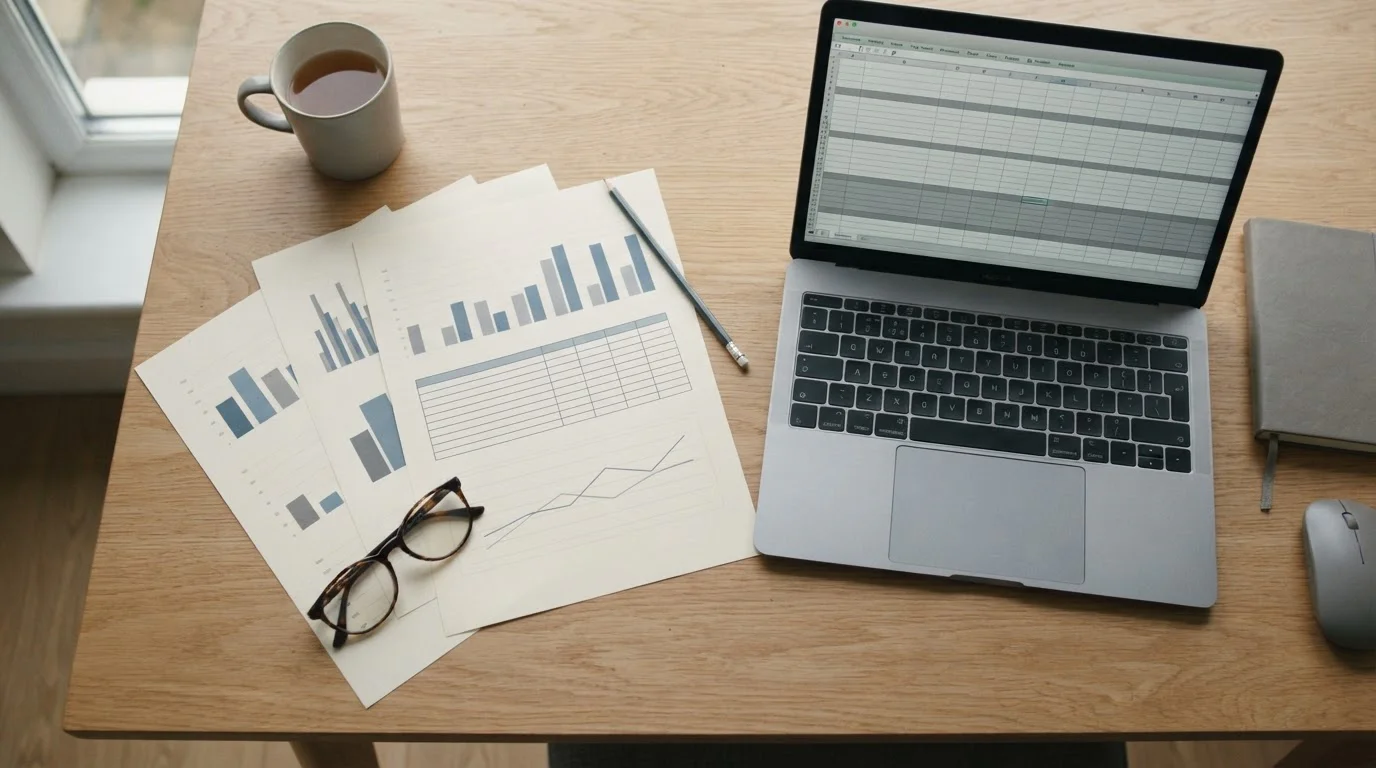 Mesa con documentos comparativos y pantalla mostrando tabla neutra de operadores