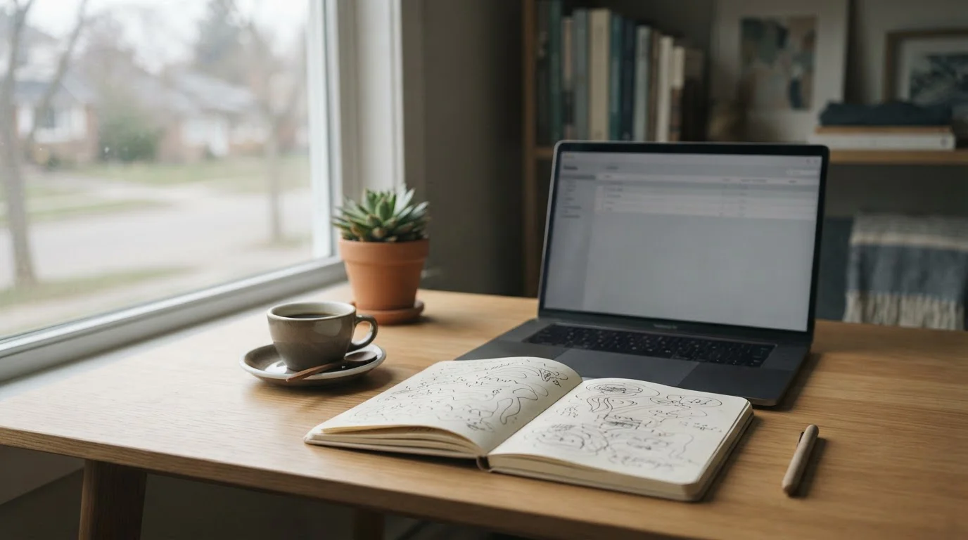 Escritorio editorial con cuaderno de notas y pantalla neutra sobre apuestas deportivas en España