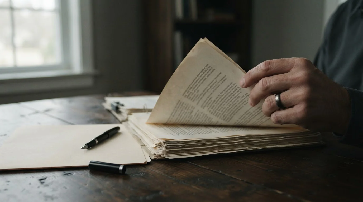 Manos revisando un documento legal impreso junto a una ventana