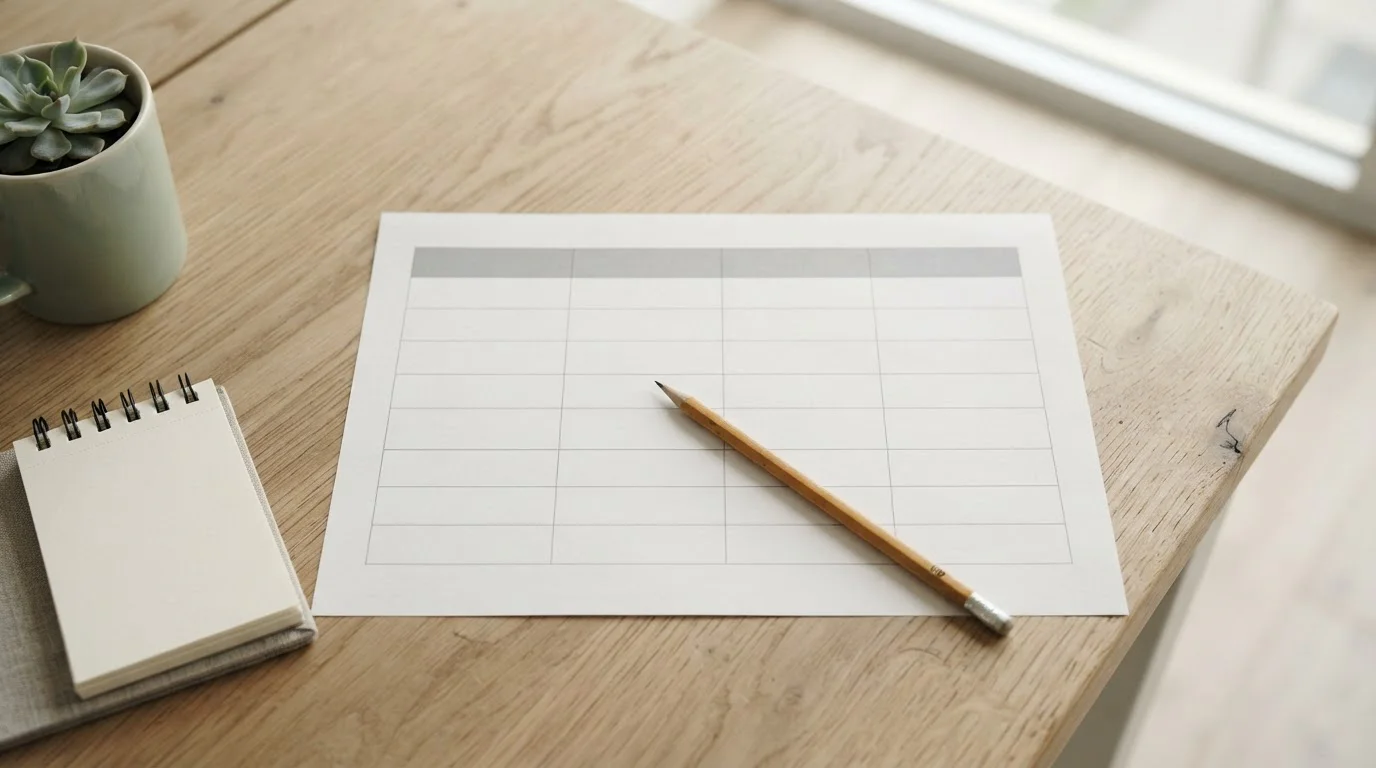 Tabla comparativa en blanco sobre escritorio con lápiz