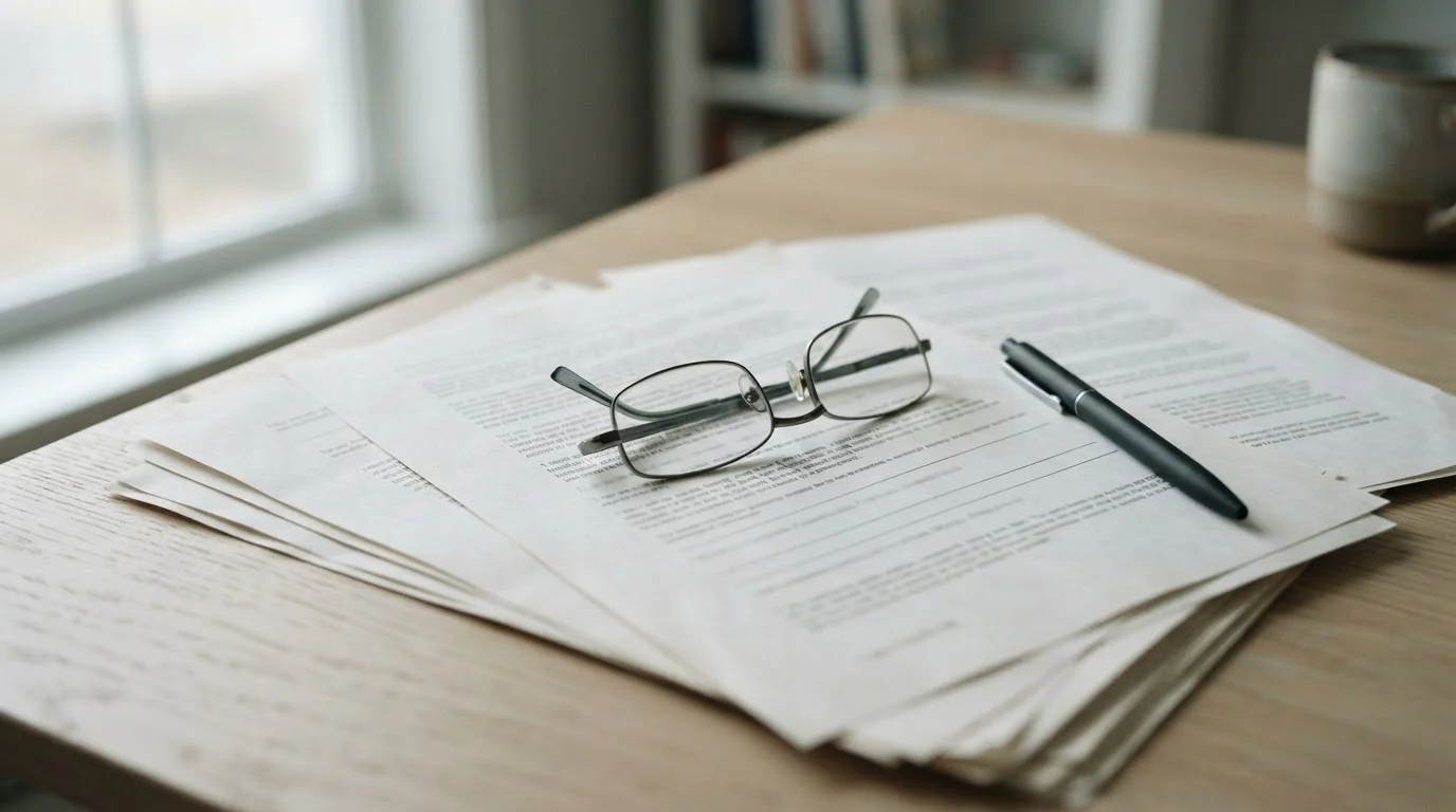 Documento legal impreso sobre una mesa junto a unas gafas y un bolígrafo