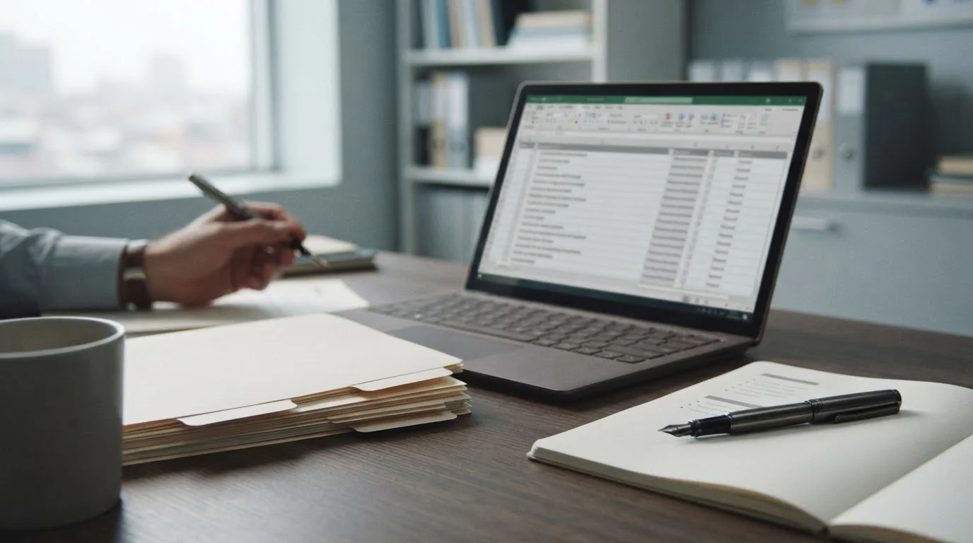Documentos regulatorios y portátil con listas de verificación técnicas