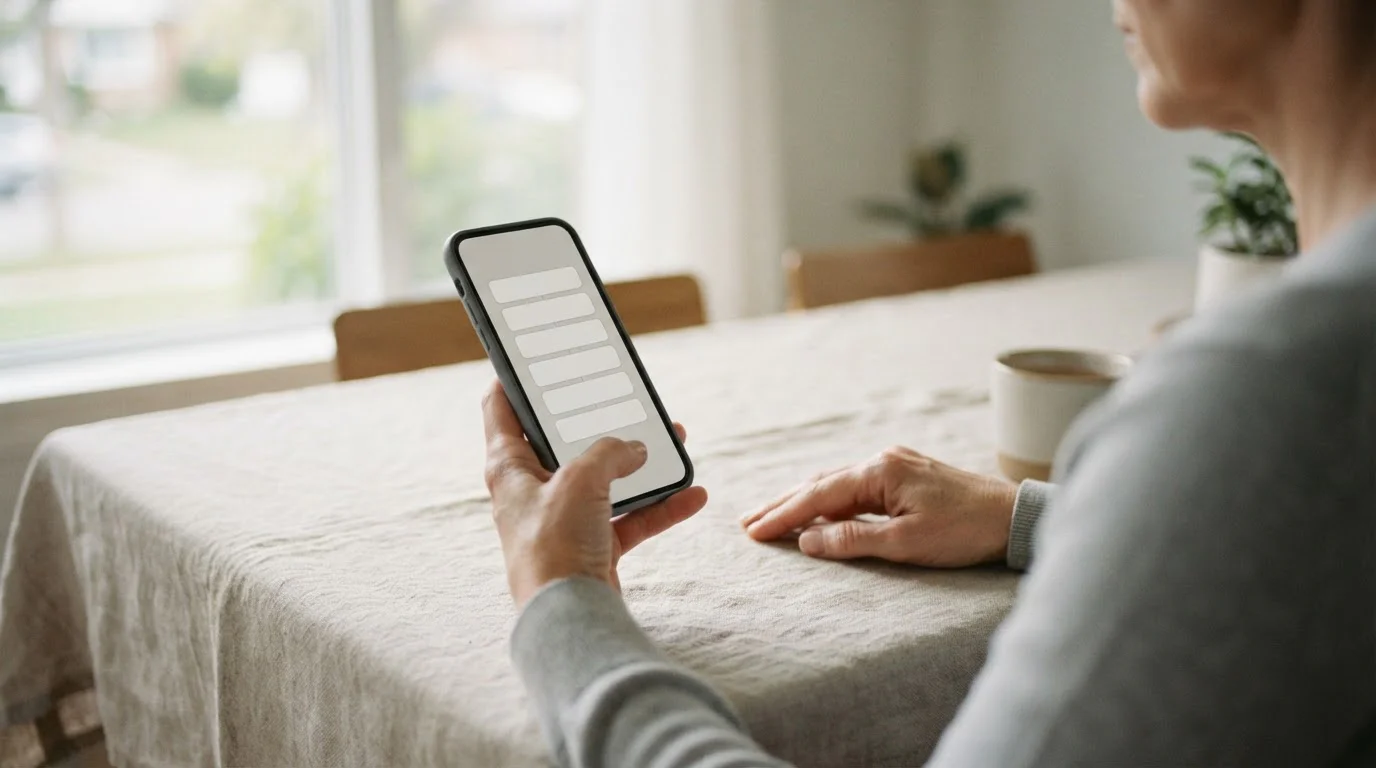 Manos sosteniendo un smartphone con una interfaz neutra de pasos sucesivos