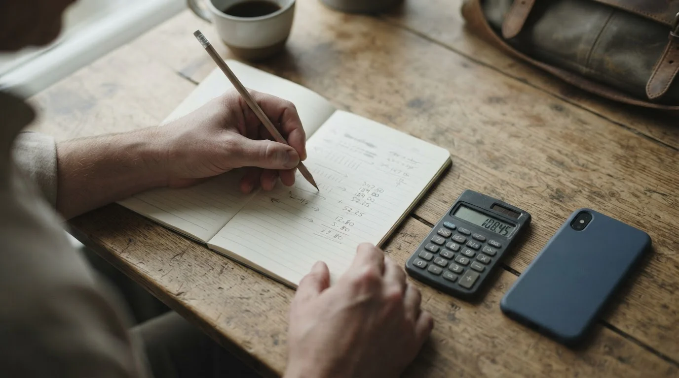 Manos junto a una calculadora y un cuaderno con cálculos sobre el rollover del bono