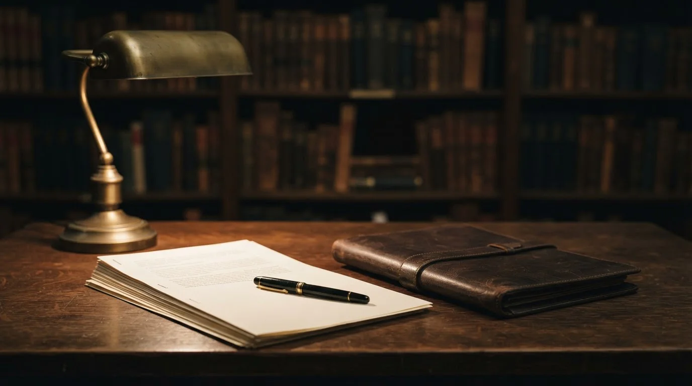 Escritorio con documentos jurídicos apilados y un sello junto a una lámpara encendida
