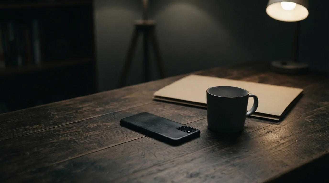 Smartphone apoyado boca abajo sobre una mesa oscura junto a una taza vacía