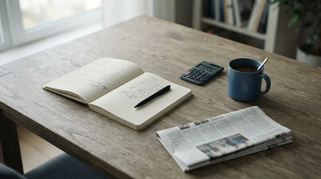 Escritorio editorial con cuaderno de análisis y calculadora sobre las mejores casas de apuestas en España