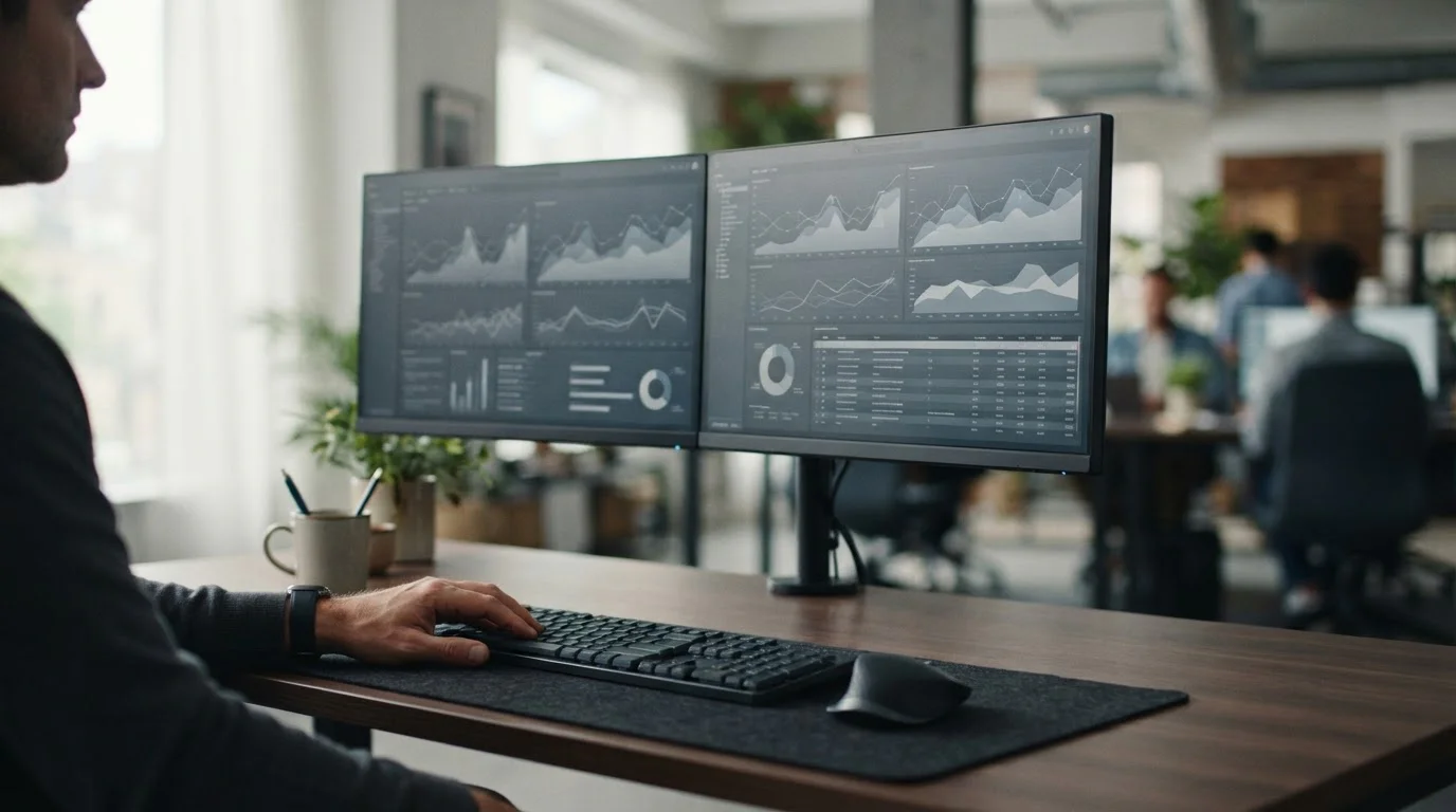 Pantallas con gráficos abstractos de trading y analítica