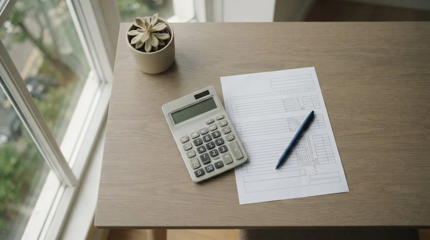 Calculadora, formulario en blanco y taza sobre una mesa junto a la ventana