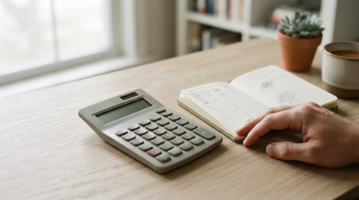 Calculadora y libreta sobre una mesa para analizar el valor real de un bono